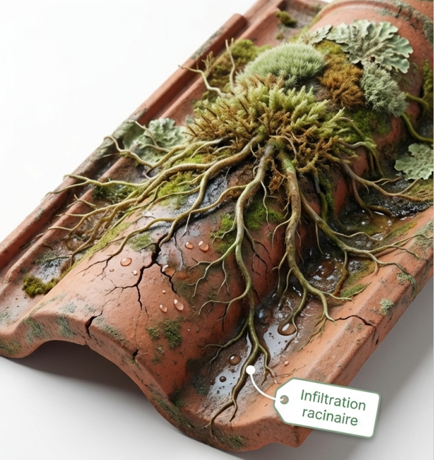 Illustration d'une tuile colonisée par mousses et lichen. On y voit une tuile recouverte de ces nuisibles qui pénètrent la tuile et en altèrent les propriétés