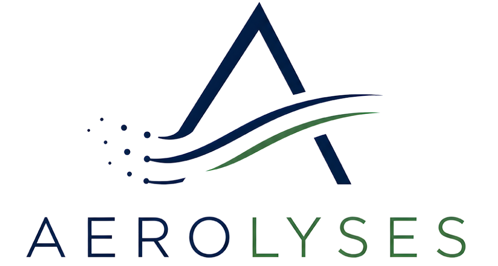Logo de la société AEROLYSES. C'est le A de Aerolyses qu'une vague d'air et de brumisation traverse